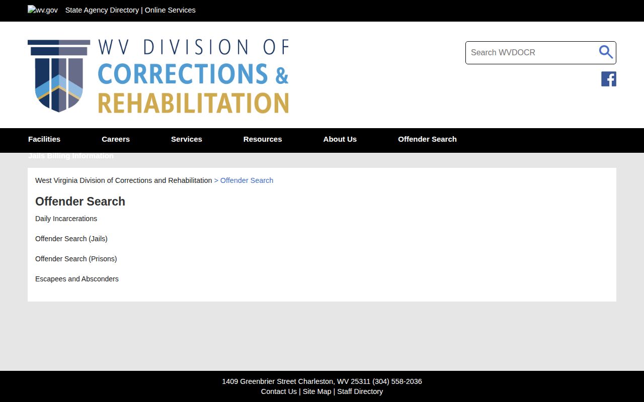 Doddridge County regional jail record lookup options on the WVDCR offender-search hub